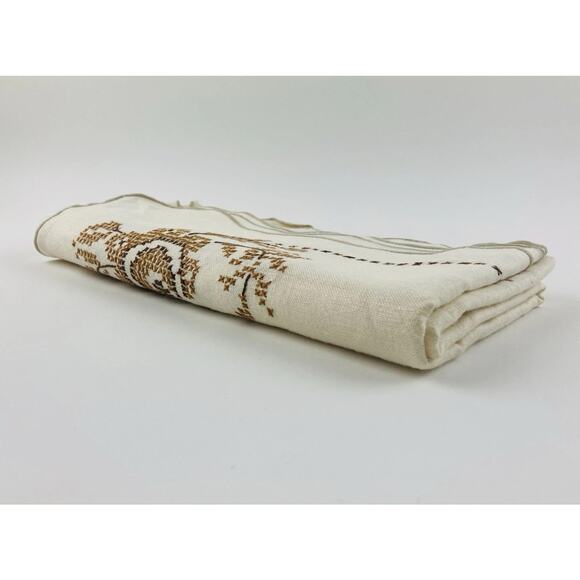 VTG Tablecloth Hand Embroidered CROSS STITCH Cream Brown Floral Neutral Taupe Es - Picture 6 of 16